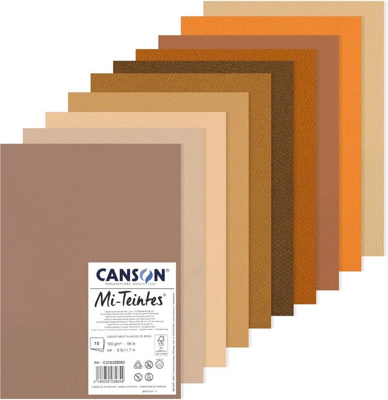 CANSON Mi-Teintes Coloured Drawing 160gsm A4 Paper Pack, Double Sided: Honeycomb & Fine Grain, 10 Brown Colour Sheets, for Professional Artists & Illustrators - Image 1